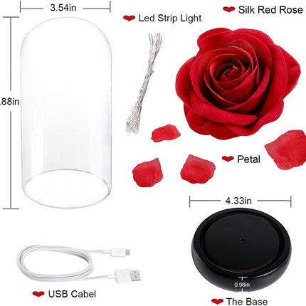 Enchanted Red Silk Rose,Beauty and the Beast Rose with Fallen Petals in A Light Dome,Home/Office or Home Decorations, Anniversary, Valentine's Day Christmas