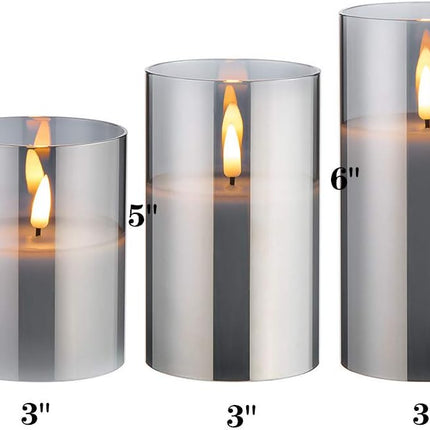 Eywamage Smoke Grey Glass Flameless Candles with Remote, Flickering Battery Operated LED Pillar Candles Set of 3