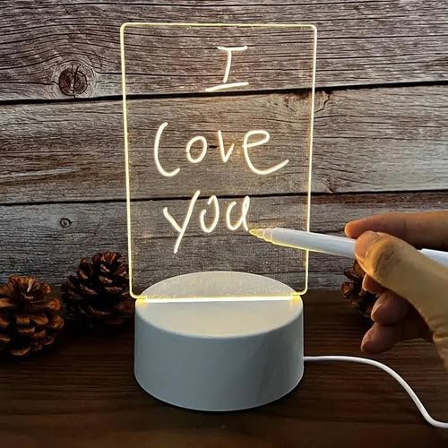 TEESTA 3D Acrylic Message Note Board LED Night Holiday Light Decorative Lamp Creative Keeps Notes Drawing Table Lamp for Home Decor Bedroom Gift Office Decoration Erasable Board(Round)