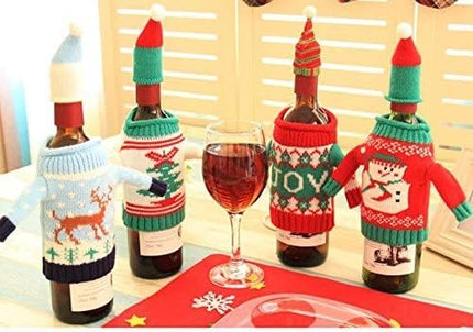 Christmas Wine Bottle Covers and Hats Kit, Gawertoy 4 Pack Ugly Christmas Sweater Wine Bottle Covers and Caps with Joy Snowman Xmas Tree Reindeer Pattern for Christmas Party Table Decorations