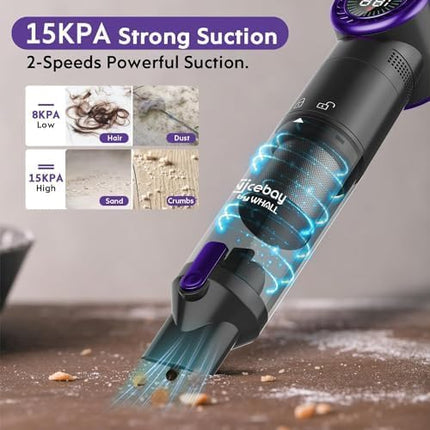 Nicebay Cordless Handheld Vacuum Cleaner, 15Kpa Strong Suction Portable Hand Vacuum Cleaner, Led Display Car Vacuum Cleaner, Fast Charging Dock, Rechargeable Handheld Vacuum Purple