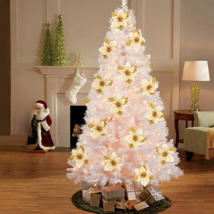 SITUMEIZI 24 Pcs Gold Poinsettia Artificial Christmas Flowers 5.5" Glitter Poinsettias Christmas Tree Decoration Flower with Stems & Clips for Wreath Xmas Tree Year Party Ornament Wedding