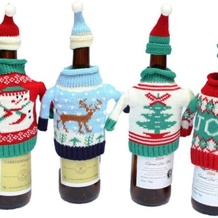 Christmas Wine Bottle Covers and Hats Kit, Gawertoy 4 Pack Ugly Christmas Sweater Wine Bottle Covers and Caps with Joy Snowman Xmas Tree Reindeer Pattern for Christmas Party Table Decorations