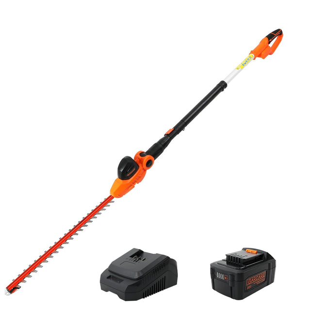 GARCARE Cordless Pole Hedge Trimmer Telescopic Long Reach Hedge Clippers 20V 4.0Ah Li-ion Battery Electric Bush Trimmer 18" Cutting Blade, 16mm Cutting Space with Extension Pole