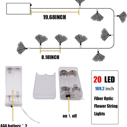 Cool White Flower Fibre Optic Fairy Lights,20 LED Flower String Lights 14 FT Waterproof Fairy Light Battery Operated for Indoor Outdoor Wedding,Christmas,Garden,Party Decoration