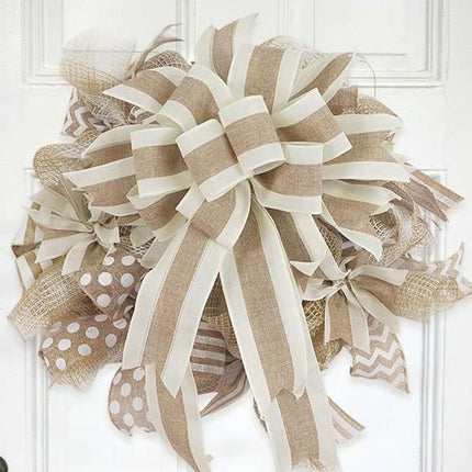 MEEDEE Burlap and White Stripe Ribbon 2.5 Inch Burlap Wired Ribbon with Ivory Burlap Edge Burlap Stripe Wired Ribbon for Wreath Garland Topper Bow Making Fall Christmas Wedding Decorations (10 Yards)