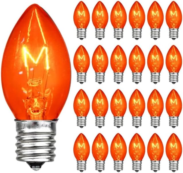 25 Pack Christmas String Light Bulbs, C7 Clear Orange Light Replacement Bulbs for Christmas Lights Indoor, Orange Light Bulb fits E12 Base, 5W Incandescent Bulbs for Christmas Decorations Outdoor