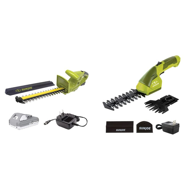 Sun Joe 24V-HT18-LTE 24V 2.0Ah 18-in Cordless Handheld Hedge Trimmer 5/8''& HJ604C 7.2-Volt 2-in-1 1250-RPM Cordless Grass Shear / Shrubber Handheld Trimmer