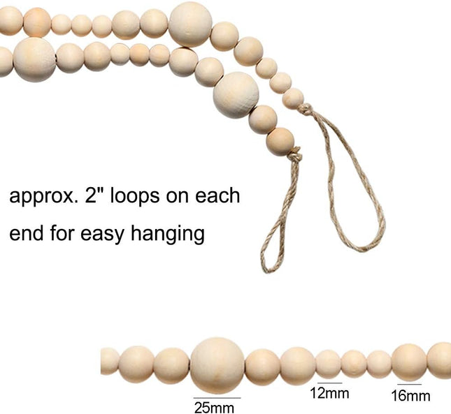 2PCS 86in Christmas Wood Bead Garland, Creative Wooden Beads Garland for Christmas Valentine‘s Day Decor, Farmhouse Wall Home Rustic Country Natural Holiday Decoration Hanging Prayer Beads
