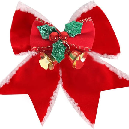 12pcs 3.15inch Christmas Bows Decorations Red Velvet Wreaths Bows with Bells Small Christmas Tree Topper Bows for Wedding Party Farmhouse Decoration Ornaments(B)