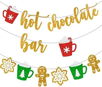 Hot Chocolate Bar Glittery Christmas Banner + Ginger Bread Men+ Snowflakes+ Xmas Cups with Marshmallows Bunting Garland Sign, Perfect Decoration for Merry Sparkly Party Supplies, Winter Theme Favors