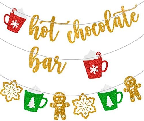 Hot Chocolate Bar Glittery Christmas Banner + Ginger Bread Men+ Snowflakes+ Xmas Cups with Marshmallows Bunting Garland Sign, Perfect Decoration for Merry Sparkly Party Supplies, Winter Theme Favors