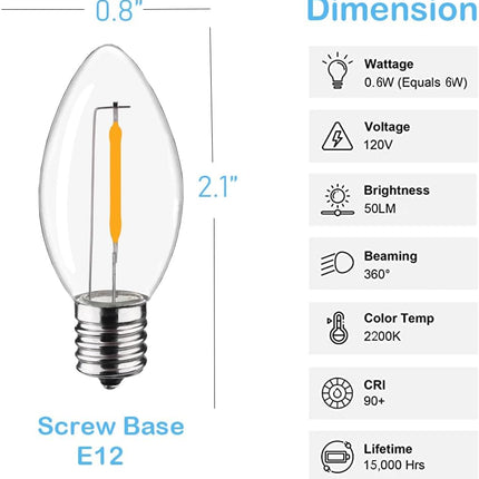 25Pack LED Night Light Bulbs, C7 Shatterproof Replacement Led Bulb for String Light, E12 Base Salt Lamp Bulbs, 0.6W Equivalent to 7W, Warm White 2200K, 50LM