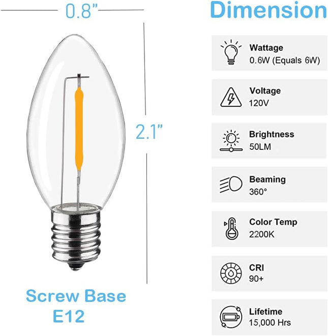25Pack LED Night Light Bulbs, C7 Shatterproof Replacement Led Bulb for String Light, E12 Base Salt Lamp Bulbs, 0.6W Equivalent to 7W, Warm White 2200K, 50LM