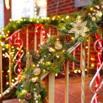 Adeeing 6ft Prelit Christmas Garland with 20 Lights, Xmas Fake Vines with Bows Christmas Balls Flowers Berries Greenery Christmas for Front Door Fireplace Mantel Porch Holiday Decorations