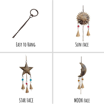 Mie Creations Sun Moon Star Face Wall Hanging Décor Chime Bells Metal Cutouts Ornaments, Crescent Moon Phases Garland Art Celestial, Earthy Decorations Wicca Pagan Christmas Décor -Antique Gold