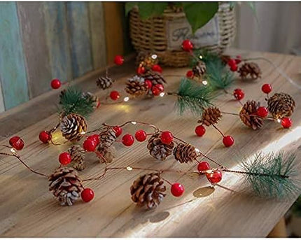 Hongyitime 7.8 FT PineCones String Lights, christmas pine cone light string, 20 LED Red Berry Pine Cone Garland Lights, led Garland String Lights, Christmas Decorations for Home, Garland for Fireplace