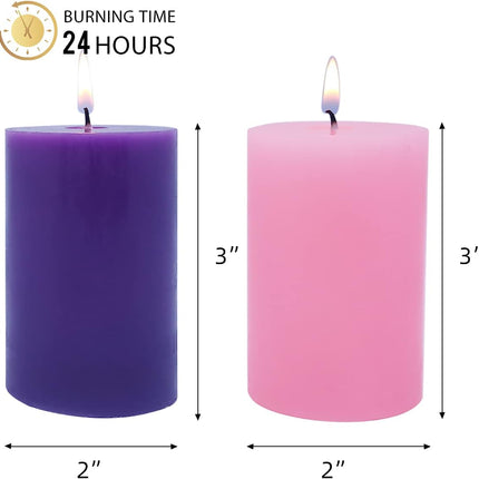 2×3 Inch Advent Pillar Candles, 3 Purple and 1 Pink Seasonal Celebration Candles for Advent Wreath and Christmas Decorations, Long-Lasting Slow-Burning Dripless Candle