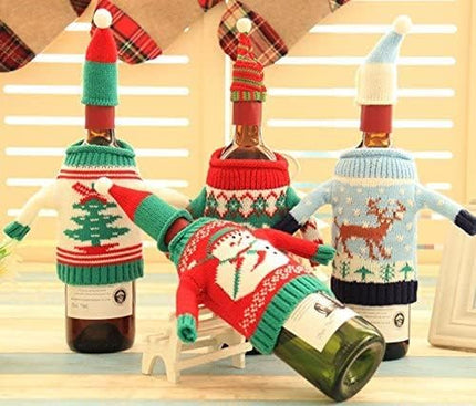 Christmas Wine Bottle Covers and Hats Kit, Gawertoy 4 Pack Ugly Christmas Sweater Wine Bottle Covers and Caps with Joy Snowman Xmas Tree Reindeer Pattern for Christmas Party Table Decorations