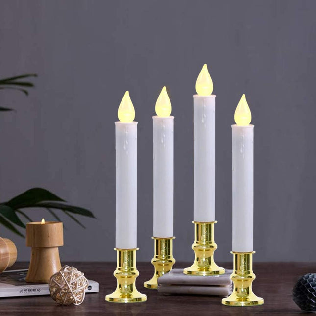 GOOTHY Christmas Window Candles Lights, Automatic Timer LED Flickering Candles Lights with Gold Base (6/18 Hour Timer), 9'' LED Battery Operated Candles for Indoor Table Party Decor- Set of 4