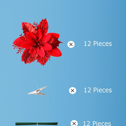 Artificial Poinsettias Christmas Flowers, 12 Pcs Fake Christmas Flowers with Clips and Stems for Wreath Garland, Wedding, Holiday Christmas Tree Ornaments Decor