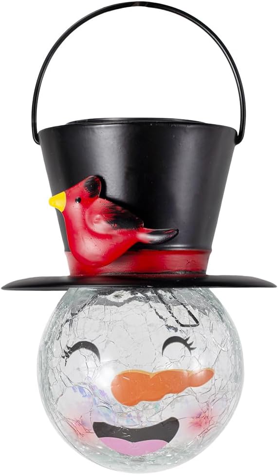 Snowman Solar Lantern, Crackle Glass Solar Lanterns Outdoor Waterproof, Hanging Christmas Lantern for Garden Patio Holiday Decor