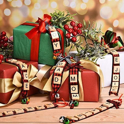 Christmas Ornaments Tree Decorations Personalized Wooden Letter Tiles DIY Crafts Capital Letter Tiles Ribbon Bells for Tree Decorations Christmas Wreath Room Holiday (Red and Black)