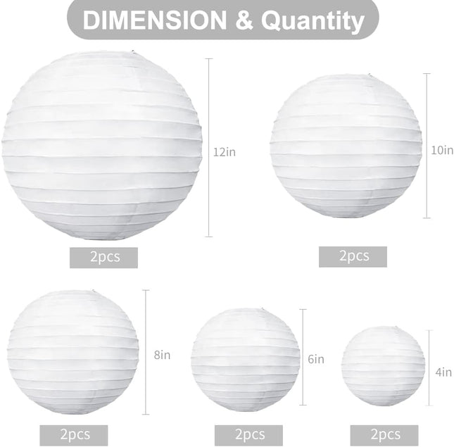 BEISHIDA 10Pcs White Paper Lanterns Decorative Chinese/Japanese Hanging Round Paper Lanterns Lamp for Birthday, Wedding, Christmas, Bridal, Home Decor, Party Decoration(Size of 4”, 6”, 8”, 10”)
