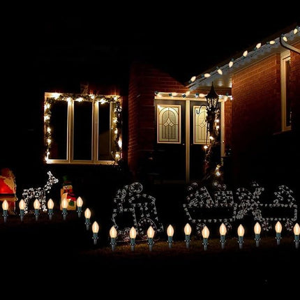 38FT Christmas String Lights C9 Outdoor Yard Decorations with Pathway Marker Stakes, E17 Base C9 Pathway Christmas Lights with 27 LED Warm White Light Bulb for Holiday Driveway Lawn Garden Decor