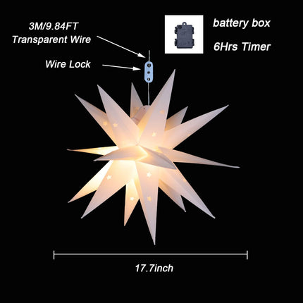 17.7" Moravian Star Light by Battery Operated, 18 Point White Christmas Star Indoor & Outdoor Hanging PVC Paper Lantern Lamp with 3D Bright White Lighted Holiday Decoration