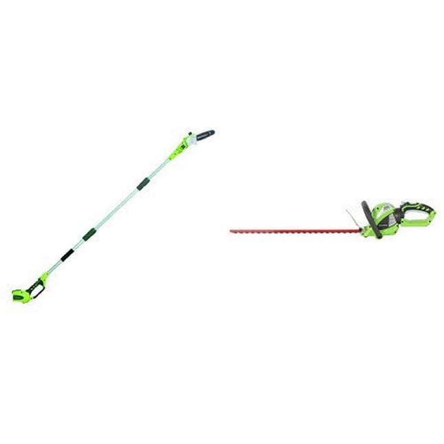 Greenworks 8' 40V Cordless Pole Saw, Battery Not Included 20302 with 24-Inch 40V Cordless Hedge Trimmer with Rotating Handle, Battery Not Included 22332