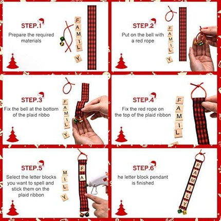 Christmas Ornaments Tree Decorations Personalized Wooden Letter Tiles DIY Crafts Capital Letter Tiles Ribbon Bells for Tree Decorations Christmas Wreath Room Holiday (Red and Black)