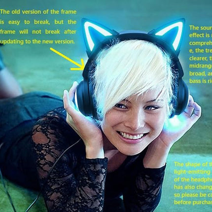 New Edition Wireless Cat Ear Headphones (12 Color Changing) 3.5mm Jack, Bluetooth&Wired Connection (Black)