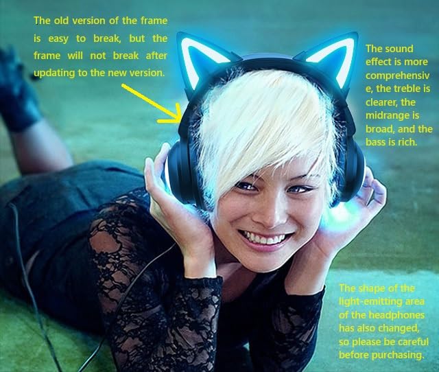 New Edition Wireless Cat Ear Headphones (12 Color Changing) 3.5mm Jack, Bluetooth&Wired Connection (Black)