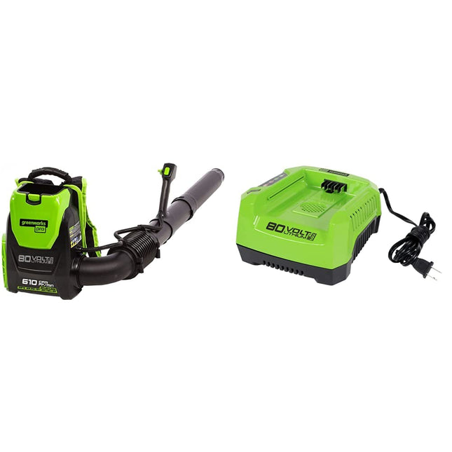 Greenworks Pro 80V (180 MPH / 610 CFM) Brushless Cordless Backpack Leaf Blower, Tool Only BPB80L00 & Greenworks PRO 80V Rapid Charger (Genuine Greenworks Charger)