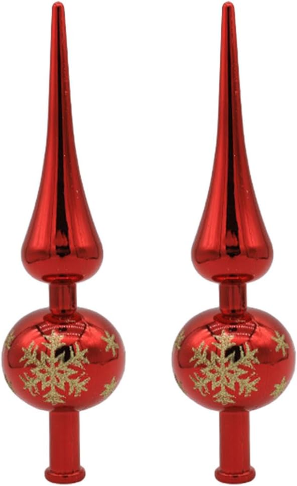 LOGOFUN 2Pcs Christmas Tree Topper Glass Spherical Treetop Hand Painted Tree Ornament Xmas Party Decorations (Red)