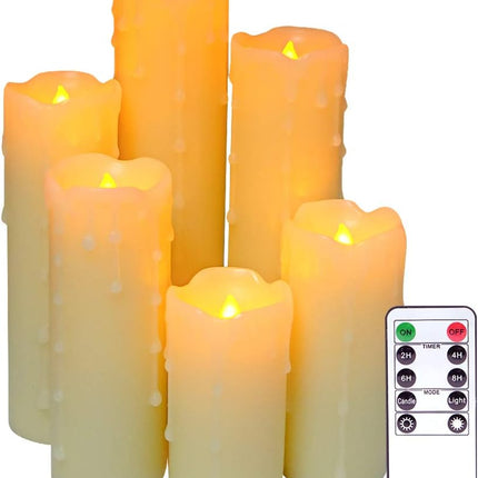 DRomance Flameless Flickering Candles Battery Operated with Remote and Timer, Set of 6 Dripping Wax LED Pillar Candles Halloween Christmas Holiday Indoor Decor(Ivory, 2.2 x 4-9 Inches)