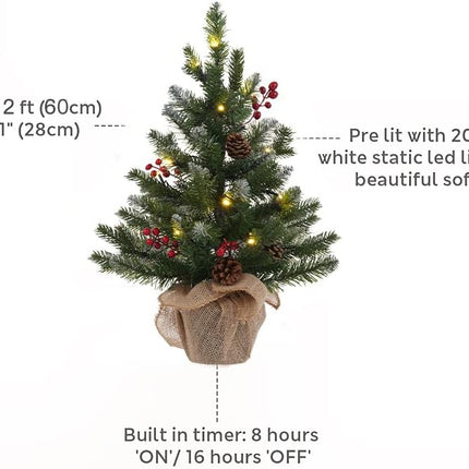 MEETYAMOR 2 FT Mini Christmas Tree, 24" PE Prelit Small Artificial Tabletop Snow Flocked Christmas Trees Decor with 20 Lights Timer, Outdoor Indoor Porch Table Centerpieces Xmas Christmas Decorations