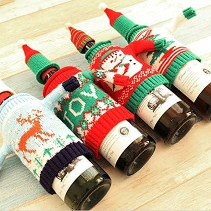 Christmas Wine Bottle Covers and Hats Kit, Gawertoy 4 Pack Ugly Christmas Sweater Wine Bottle Covers and Caps with Joy Snowman Xmas Tree Reindeer Pattern for Christmas Party Table Decorations