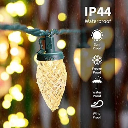C9 LED Christmas String Lights, 66ft 100 LED Waterproof Strawberry String Lights, Plug-in Extendable Green Wire Lights String for Outdoor Indoor Outside Patio Wedding Party Decoration, Warm White