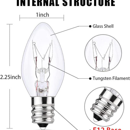 25 Pack C7 Clear Replacement Bulbs, C7 Outdoor Christmas String Light Bulbs, 5 W Night Light Bulbs Incandescent Bulbs for C7/ E12 Candelabra Base Christmas Outdoor String Lights- Clear