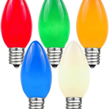 Novelty Lights Ceramic Christmas Replacement Bulbs - Outdoor Individual Bulbs For Events, Holiday Parties, Patios, And More - C7/E12 Candelabra Base, 5 Watt Lights (Multicolor, 25 Pack)