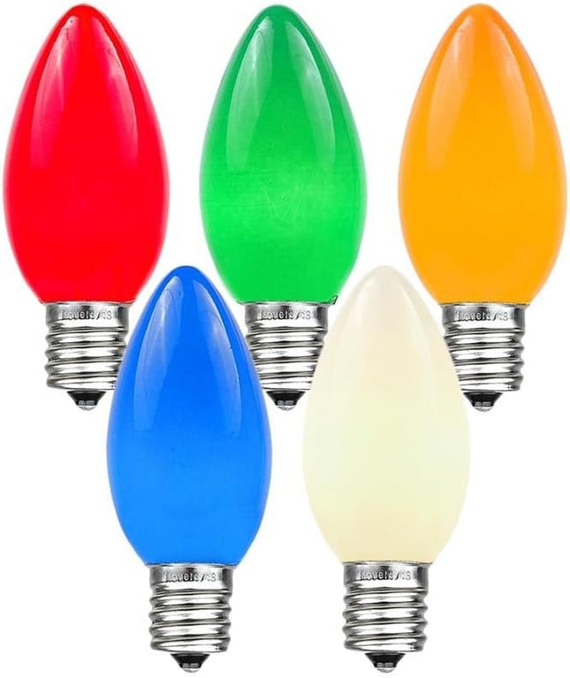 Novelty Lights Ceramic Christmas Replacement Bulbs - Outdoor Individual Bulbs For Events, Holiday Parties, Patios, And More - C7/E12 Candelabra Base, 5 Watt Lights (Multicolor, 25 Pack)