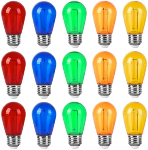Multi Color S14 Light Bulbs for Christmas Outdoor String Light LED 1W Replacement 11W Edison Bulb 120V E26 Base Shatterproof Multicolor Plastic RED BLUE GREEN YELLOW ORANGE Bulb In Patio Pack of 15…