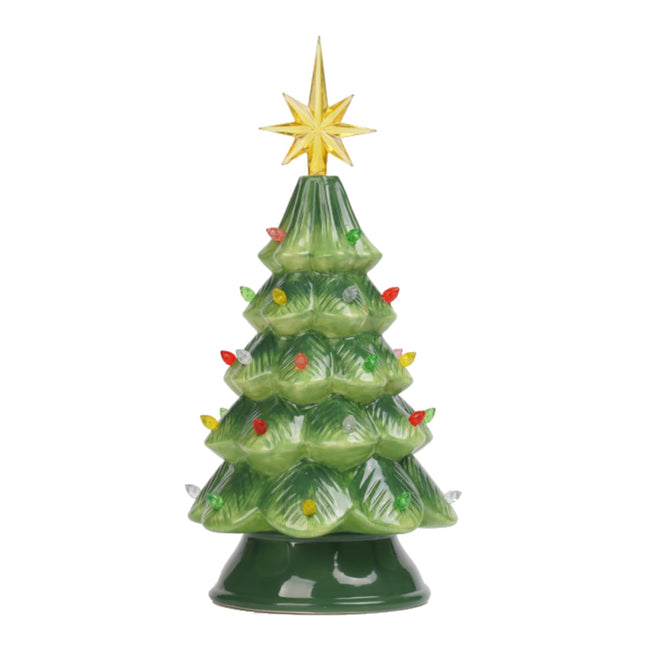 man House Studio Prelit Ceramic Christmas Tree Decorations - Artificial Christmas Tree with 33 Multicolor Lights 9.5H inches Merry Timer Function LED Light Up by Battery Tree Topper