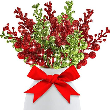 Geosar 16 Pcs Christmas Berry for Christmas Tree Winter Berries Pick Decorative Xmas Artificial Berry Stems for Wreath Garland Glitter Crafts DIY Ornaments for Holiday Home Party Decor(Red, Green)