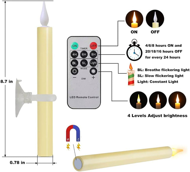 Window Candles Flickering Battery Operated with Remote and Timer, 9 Pack Electric Flameless Taper Candles with Magnetic Base for Christmas Halloween Dinner Wedding Party Decoration