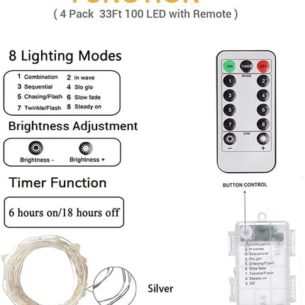 4-Pack 33FT 100 LED Fairy Lights Battery Operated with Remote & Timer, Waterproof Twinkle String Lights Outdoor Indoor 8 Modes for Bedroom Classroom Dorm DIY Christmas Party Garden Tree (Warm White)