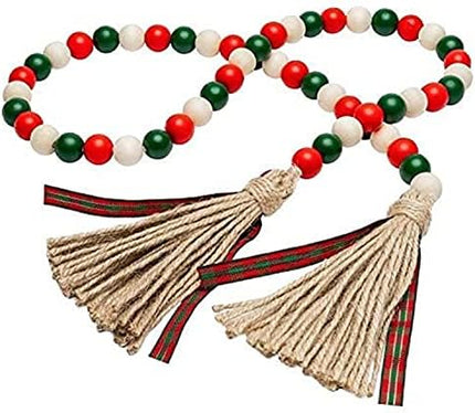2 Pieces Christmas Wooden Beads Garland 41’’ Farmhouse Garland with Buffalo Plaid Tassel Winter Rustic Tier Tray Decor for Xmas Tree Holiday Ornaments Decor