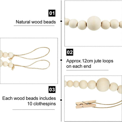 6.46Ft Wooden Beaded Garland with 10 Clothespins Photo Garland Hanging Photo Display Office Nursery Room Banner Decor Christmas Cards Family Holiday Clips Boho Decorations Mother's Day s